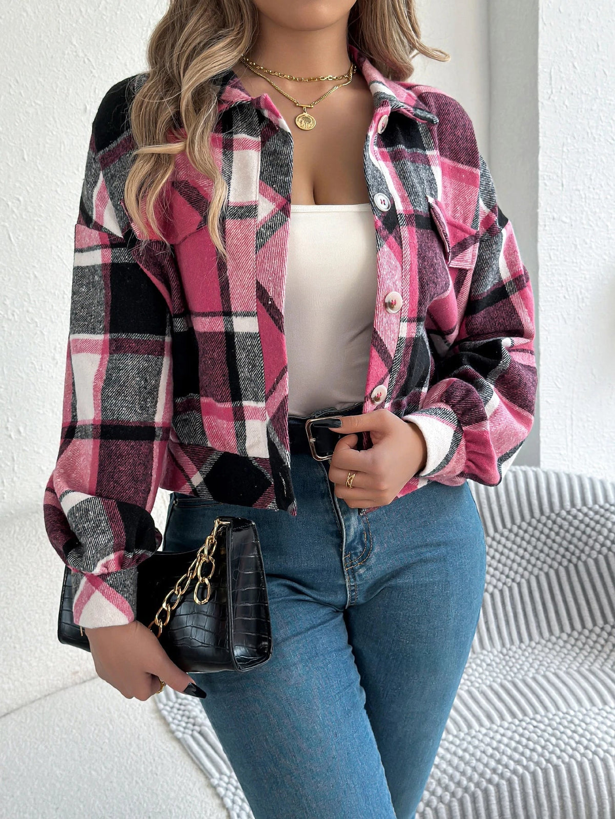 Cropped Plaid Shacket with Button Front and Chest Pockets — variant_front