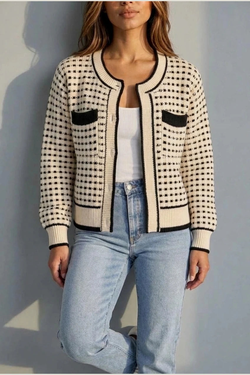 Women’s Textured Knit Cardigan – Button Front Contrast Trim Jumper — variant_front
