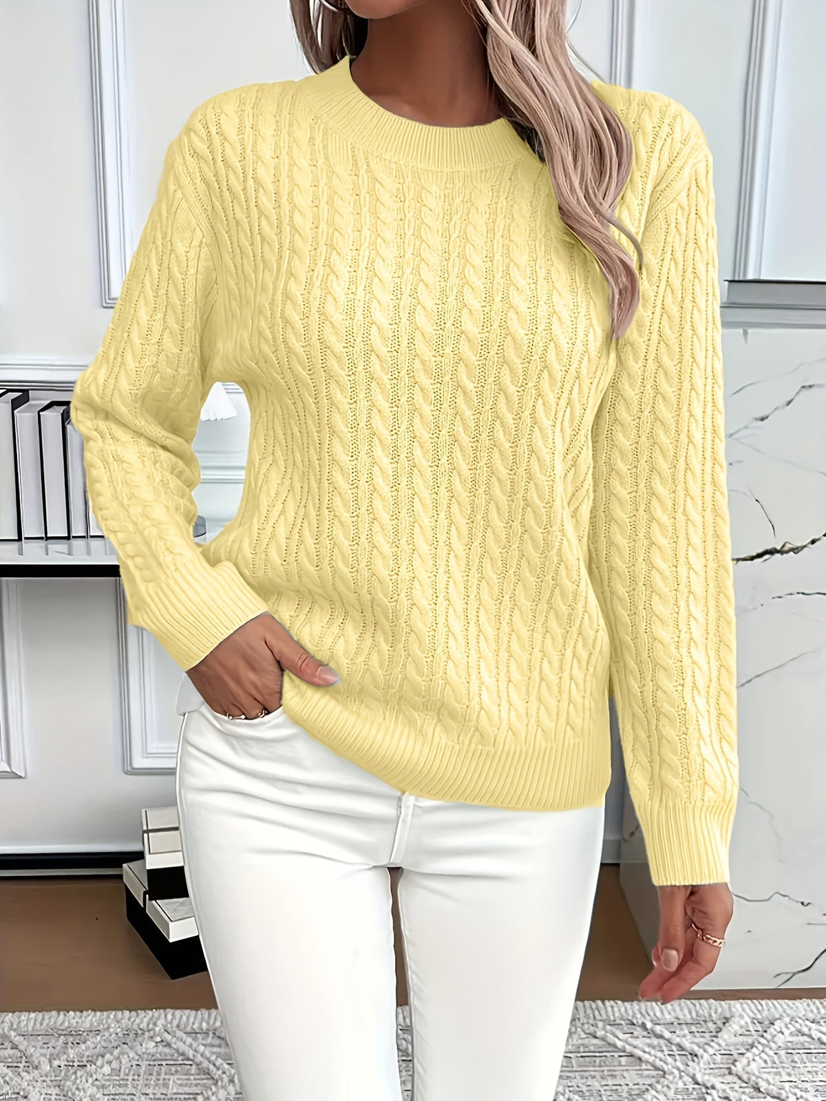 Chunky Cable Knit Sweater with Crew Neck and Ribbed Cuffs — variant_front