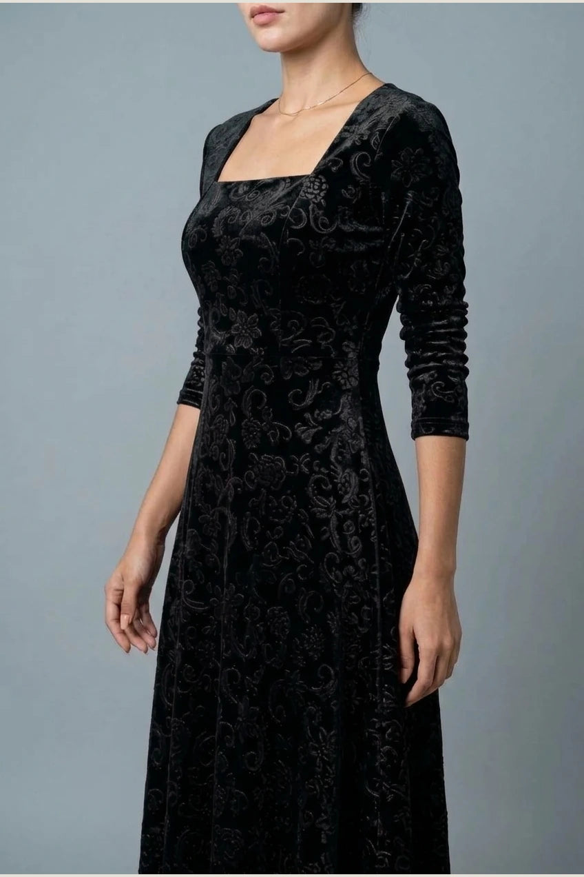 Scarlett | Women's Square Neck Velvet Floral Embossed Party Dress — variant_front