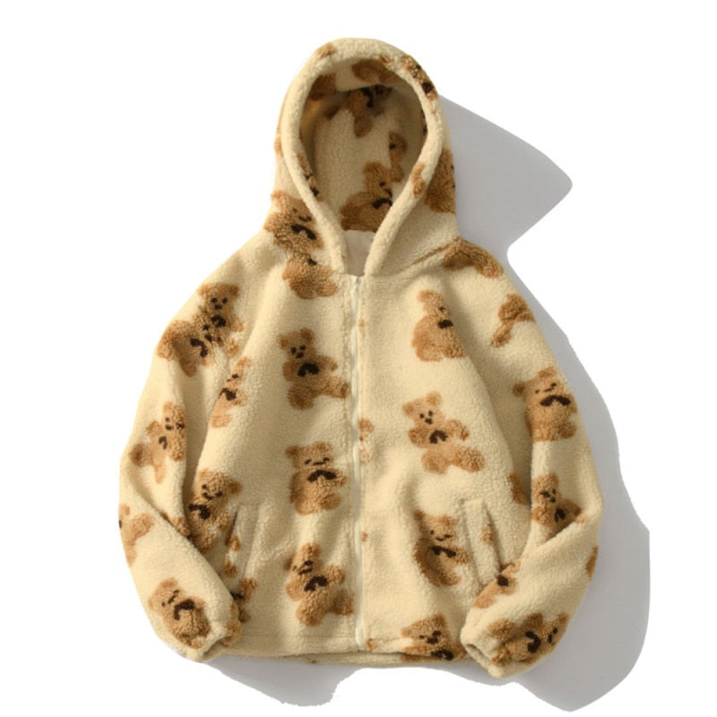 Oversized Fluffy Sherpa Jacket with Hood and Teddy Bear Print — variant_front