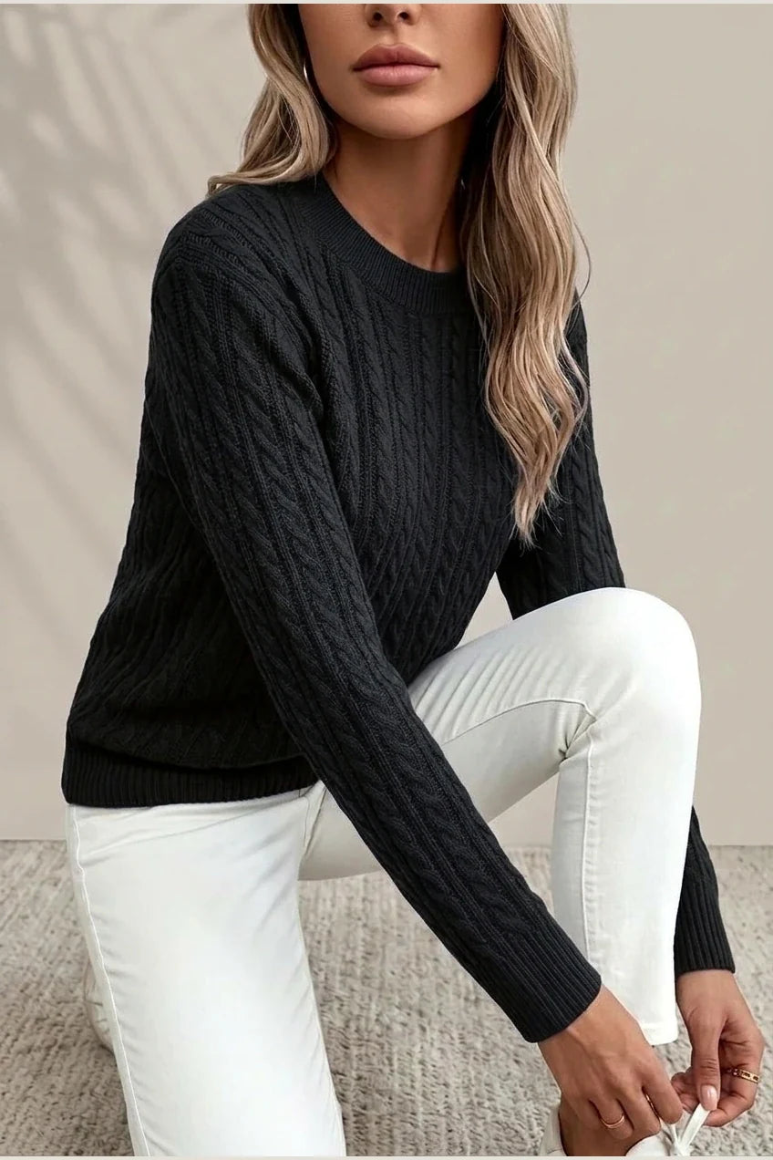 Women's Casual Loose-Fit Round Neck Long Sleeve Sweater - Medium Stretch Solid Color with Ribbed Detailing, H-Line Silhouette for Spring/Autumn Layering, Elegant Collection, Cute Sweater, Casual Attire, Comfortable Fit, Pullover Top, Stylish Women — variant_front