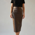 Women's High Waisted Faux Leather Midi Skirt - Palomine — velloura-elegant-sculpted-faux-leather-midi-skirt_lifestyle_detail_gesture_05.webp