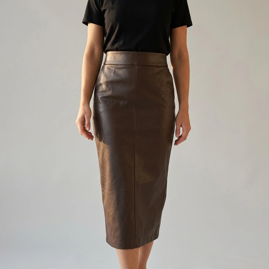 Women's High Waisted Faux Leather Midi Skirt - Palomine — velloura-elegant-sculpted-faux-leather-midi-skirt_lifestyle_detail_gesture_05.webp