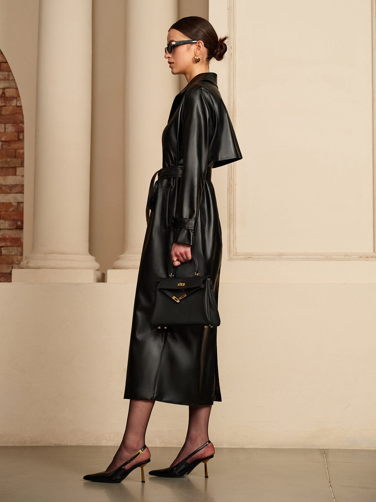 Chiq Leather Trench Coat with Belt and Button Front — variant_front