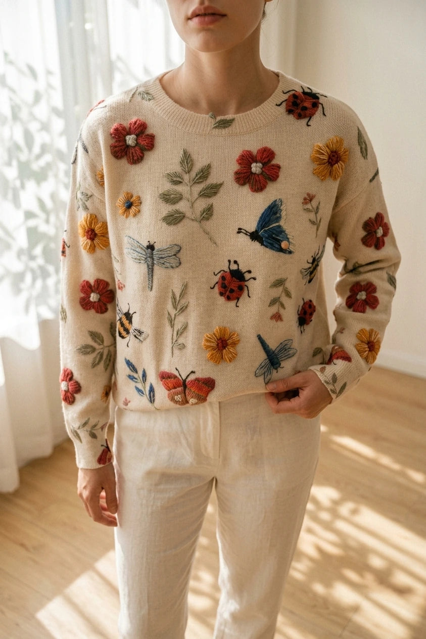 Women's Embroidered Floral Knit Sweater Loose Fit Crew Neck — variant_front