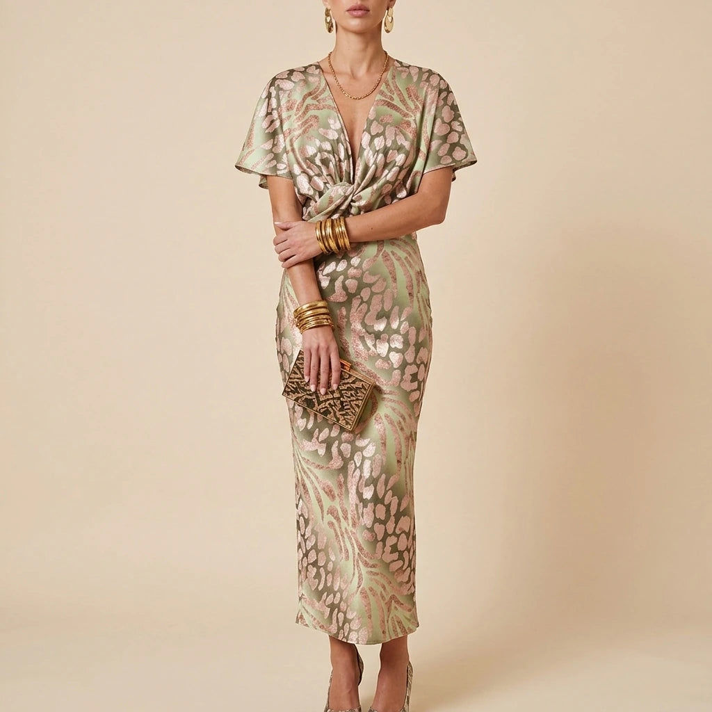 Willow | Women's V-Neck Twist-Front Midi Cocktail Party Dress — variant_front