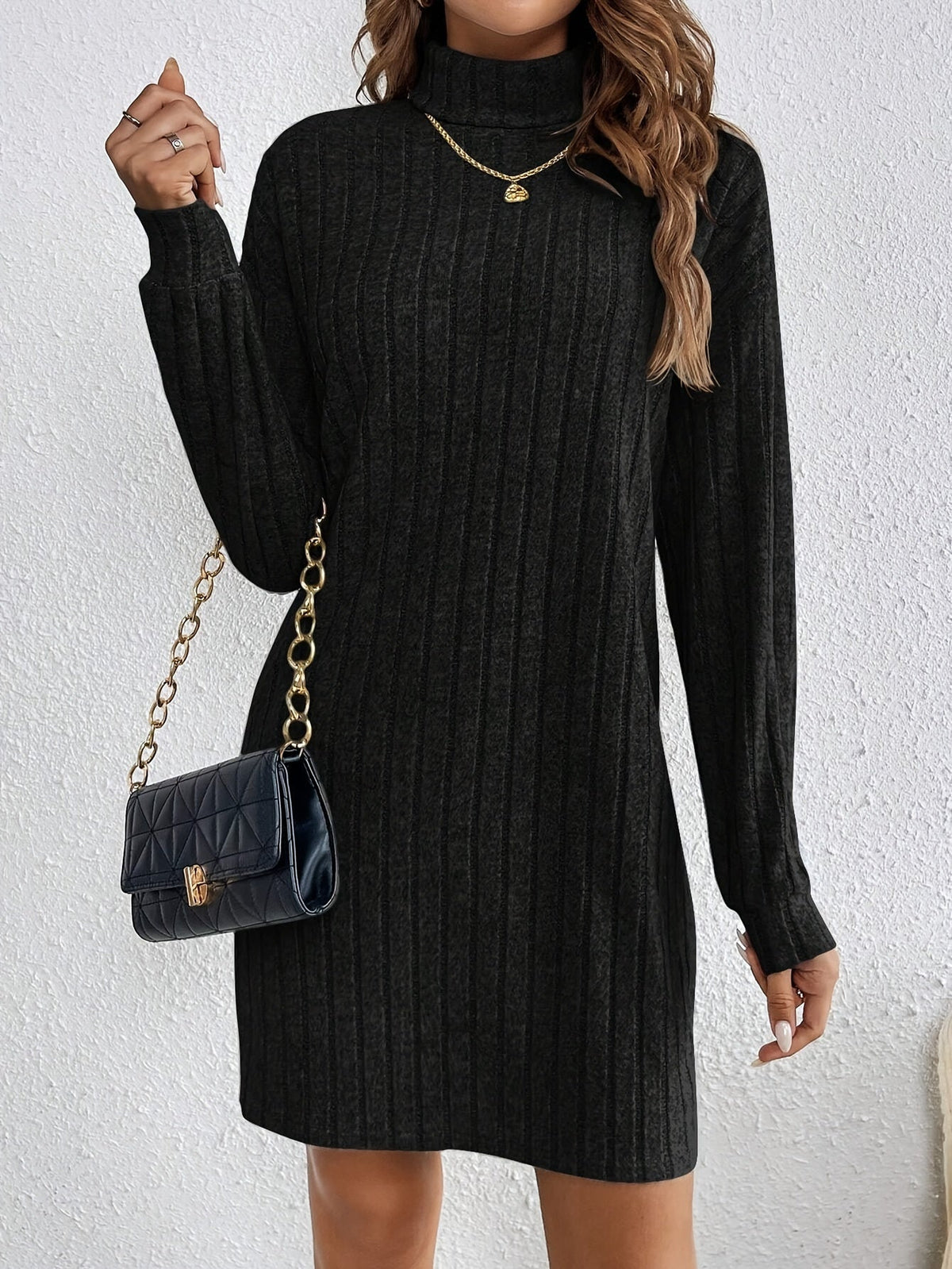 Cosy Ribbed Knit Turtleneck Mini Dress with Long Sleeves — variant_front