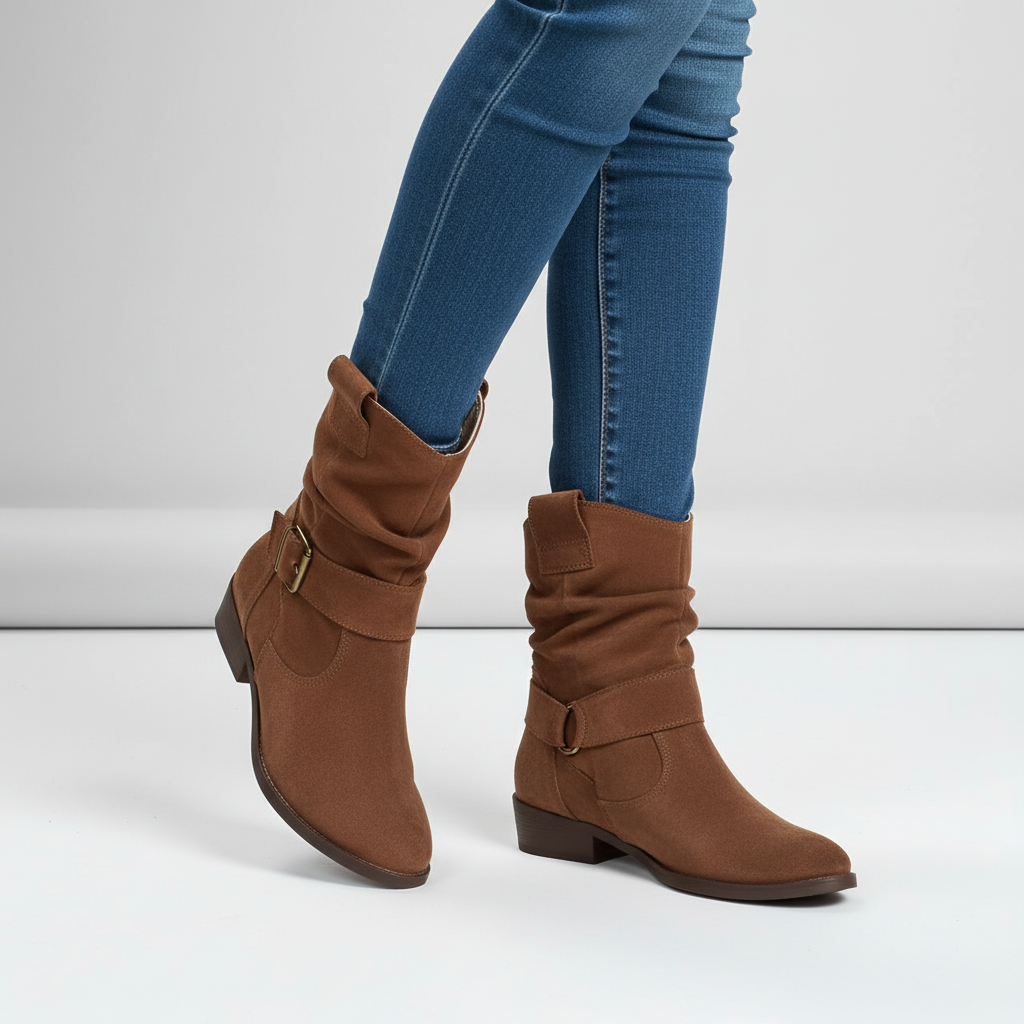 Slouchy Suede Ankle Boots with Strap and Block Heel — variant_front