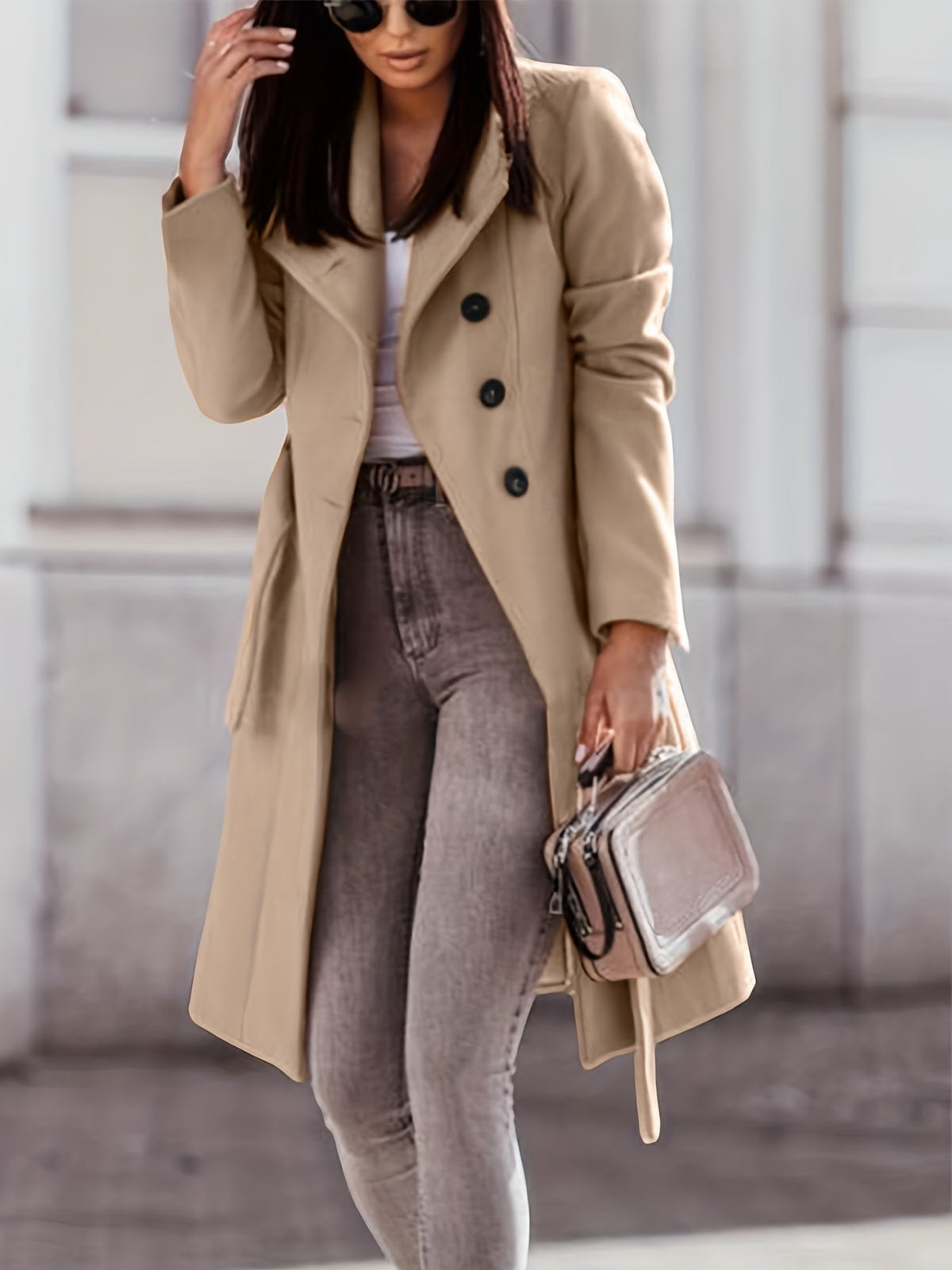 Belted Wool Coat with Wide Collar and Fitted Waist, Women's — variant_front