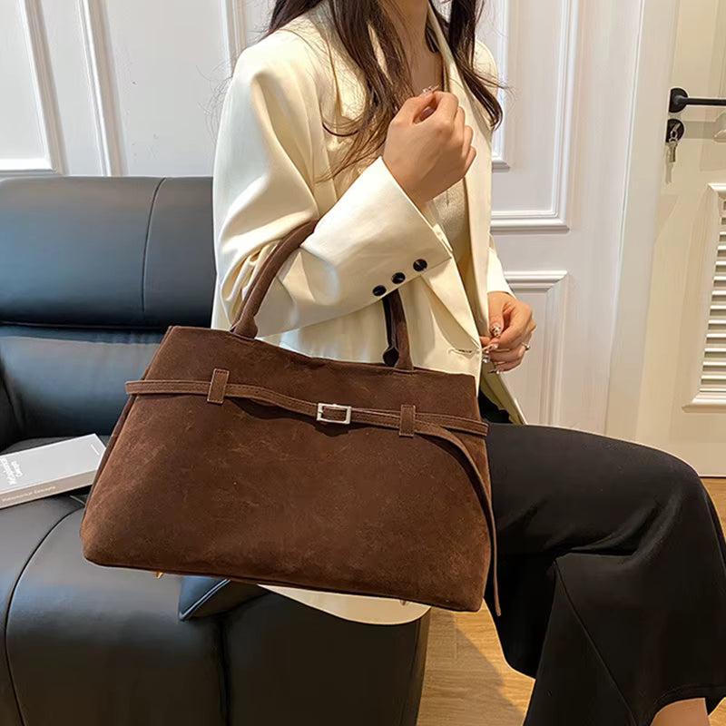Large Suede Shoulder Bag with Belt Buckle Detail - Top-handle Tote — variant_front