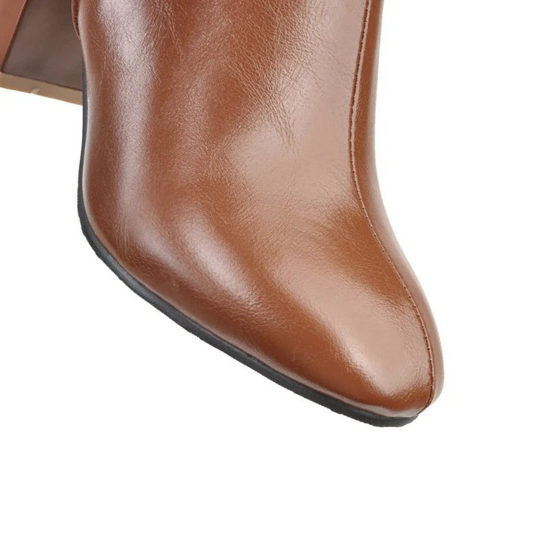 Heeled Knee High Leather Boots with Side Zip – Women's Block Heel — variant_front