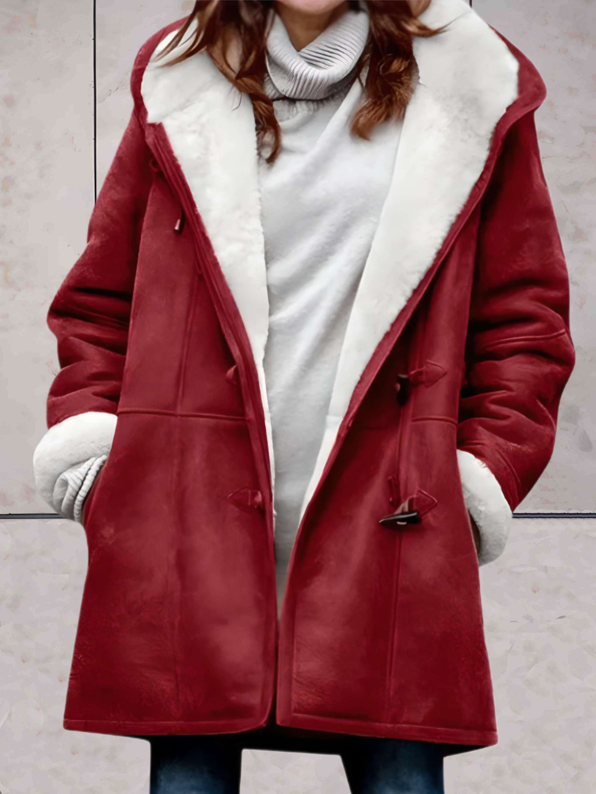 Hooded Suede Coat with Sherpa Lining and Toggle Closures — variant_front