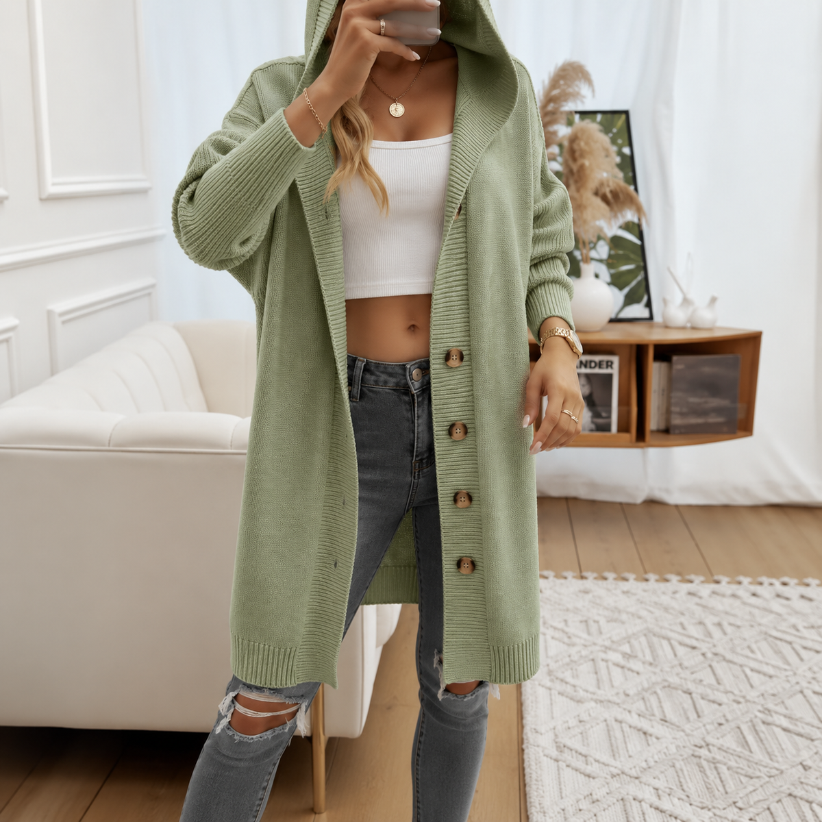 Relaxed Hooded Knit Cardigan with Button Front and Ribbed Cuffs — variant_front