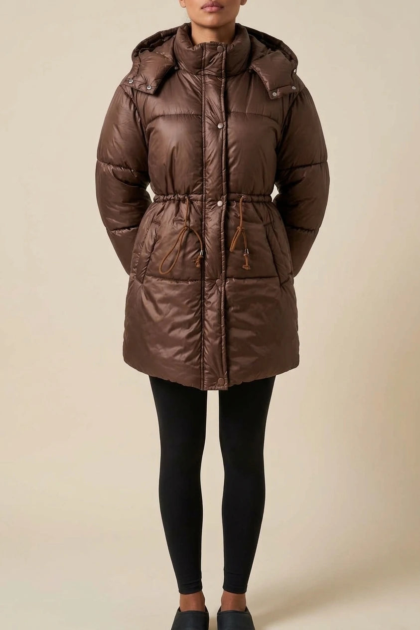 Women’s Longline Puffer Jacket – Hooded Quilted Coat with Drawstring Waist — variant_front