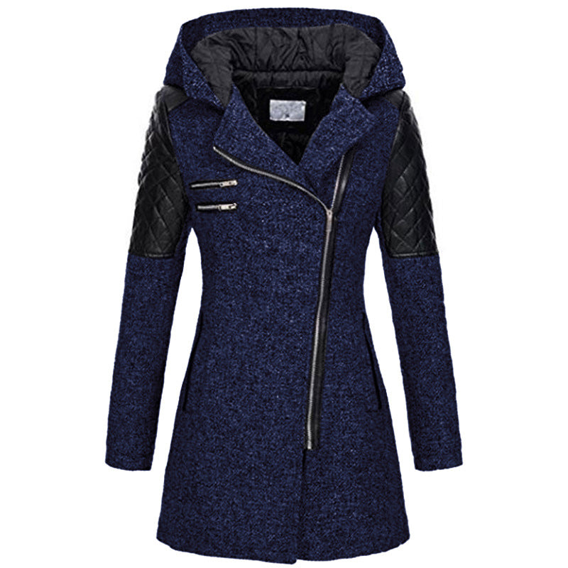 Fitted Hooded Winter Coat with Quilted Leather Shoulders — variant_front