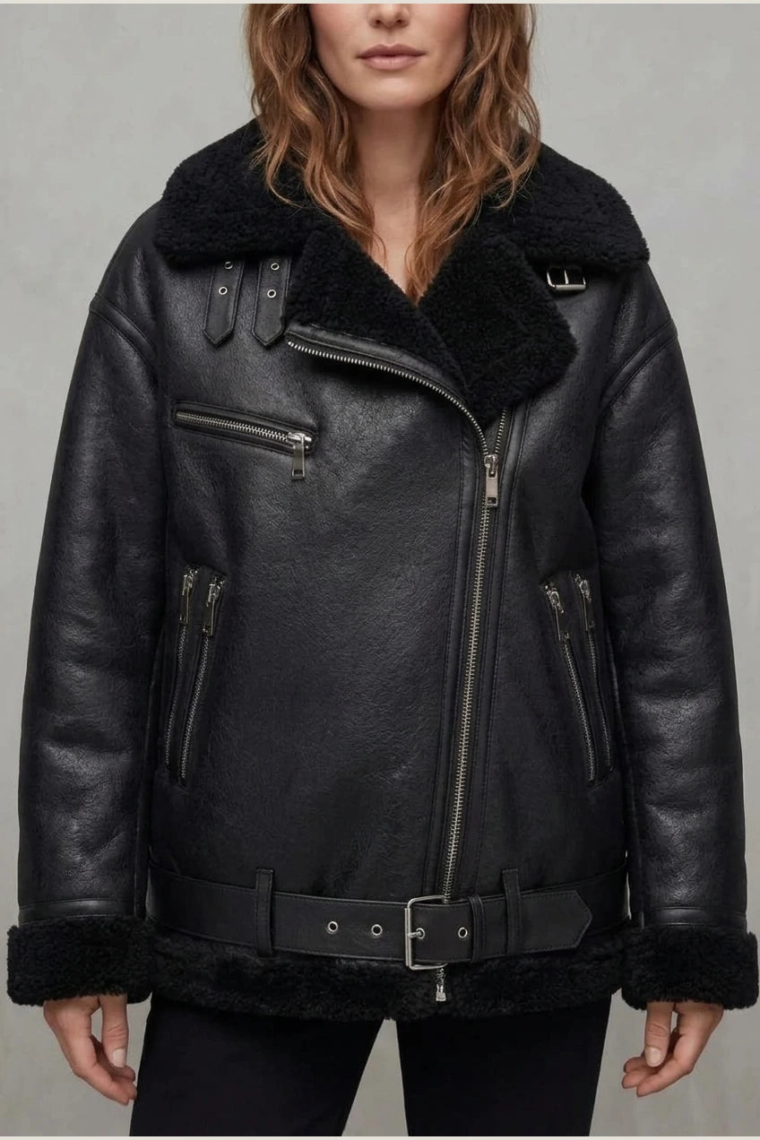 Women's Aviator Coat with Belted Shearling Trim – Aveline — variant_front