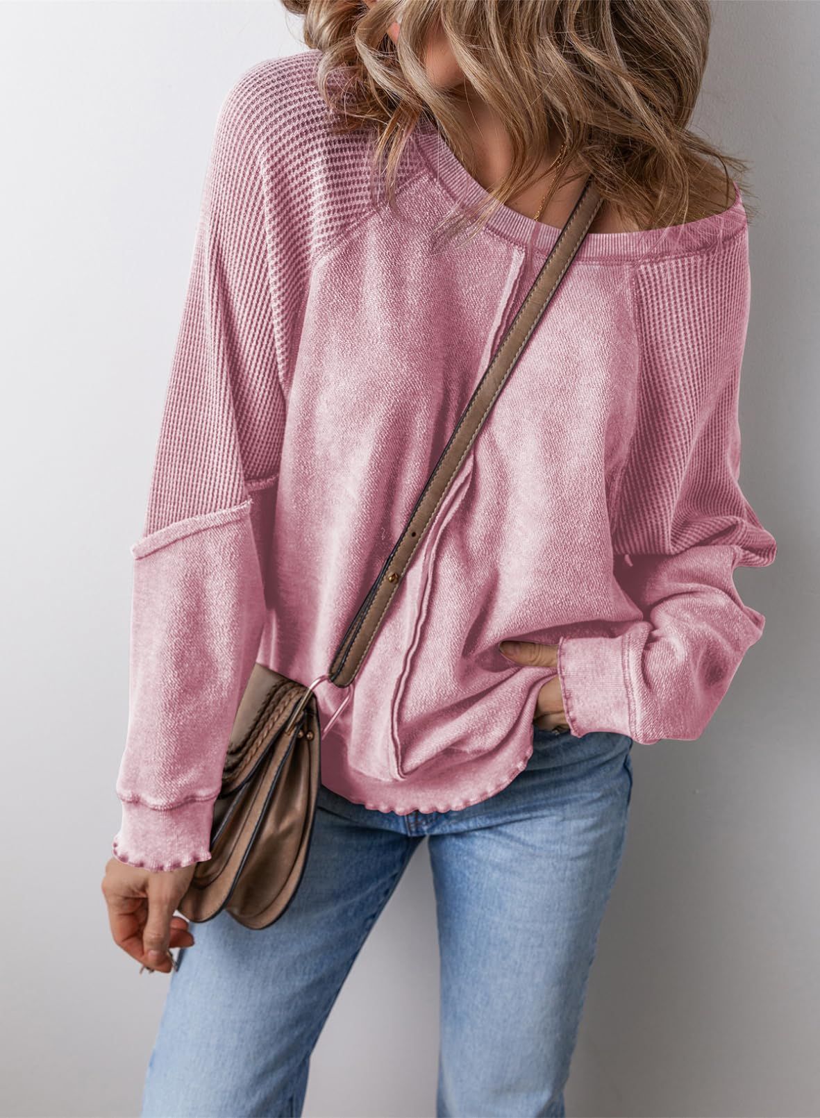 Relaxed Waffle Knit Sweatshirt with Lettuce Hem and Front Pocket — variant_front