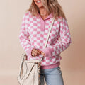 Retro Checkerboard Knit Sweater with Collared Neck and Button Detail — variant_front