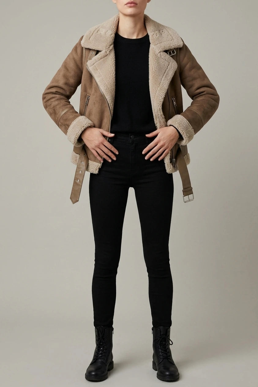 Amelia | Women's Shearling-Lined Belted Suede Moto Jacket — variant_front