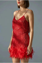 Sophie | Women's Sequin Fringe Feather Trim Cocktail Dress — variant_front