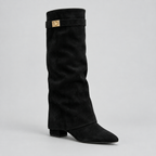 Women’s Knee High Boots with Low Block Heel & Gold Buckle Detail — variant_front