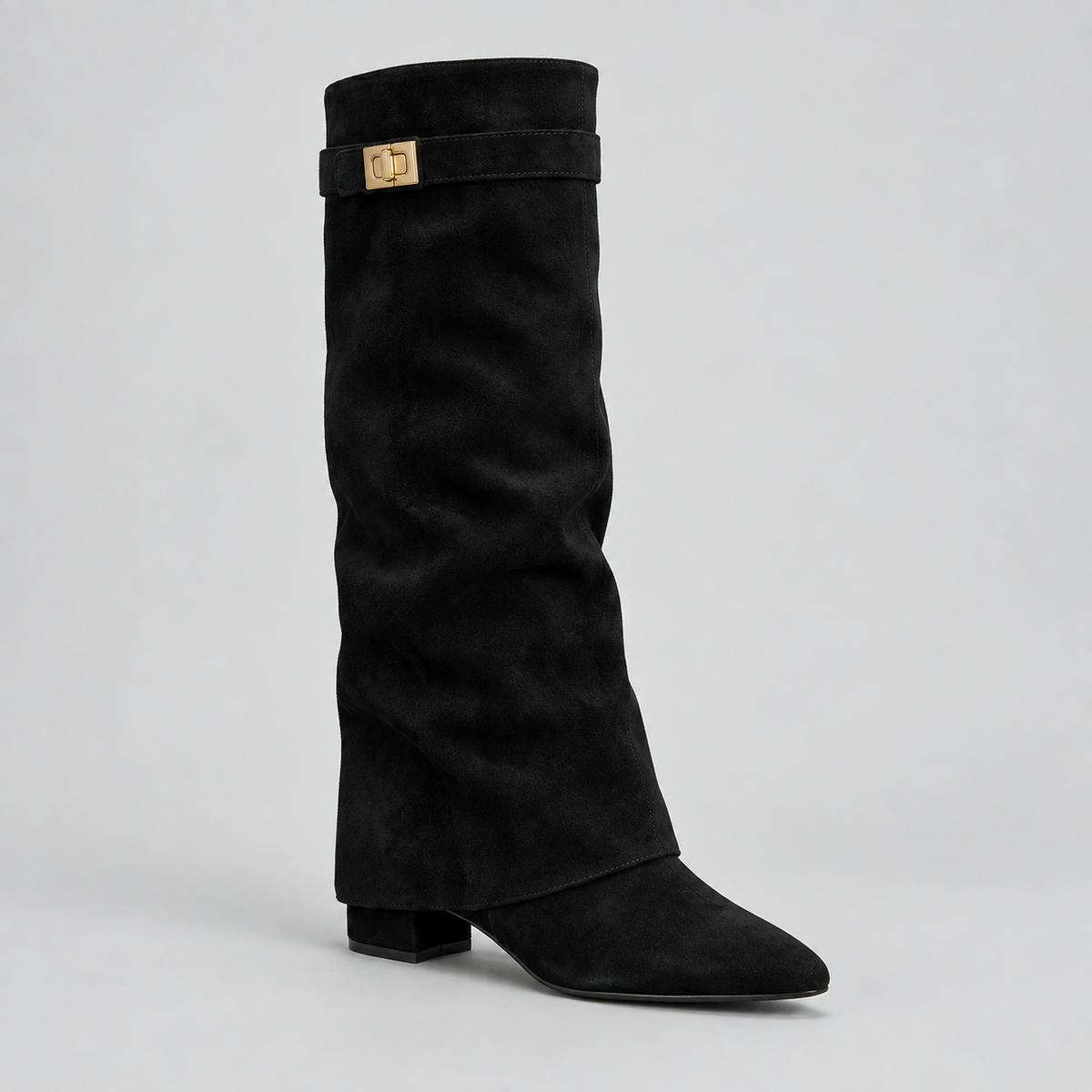 Women’s Knee High Boots with Low Block Heel & Gold Buckle Detail — variant_front