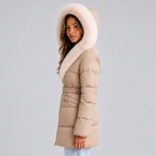 Women’s Hooded Puffer Coat with Faux Fur Trim and Belt — variant_front