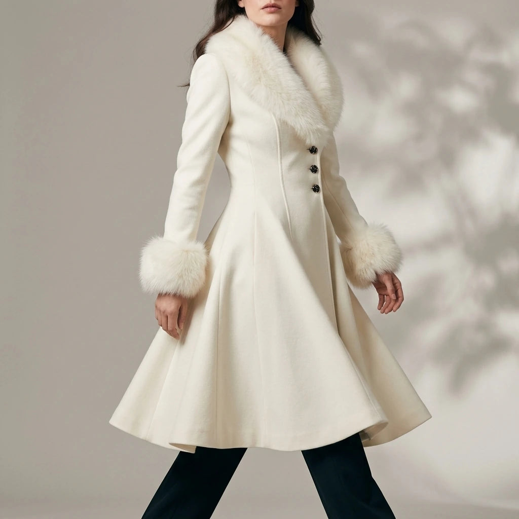 A-Line Flared Coat with Faux Fur Collar and Cuffs for Women — variant_front
