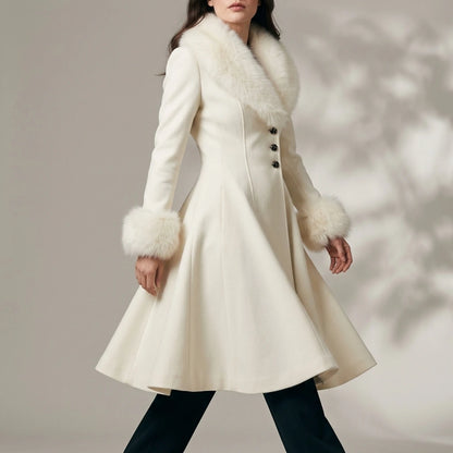 A-Line Flared Coat with Faux Fur Collar and Cuffs for Women — variant_front