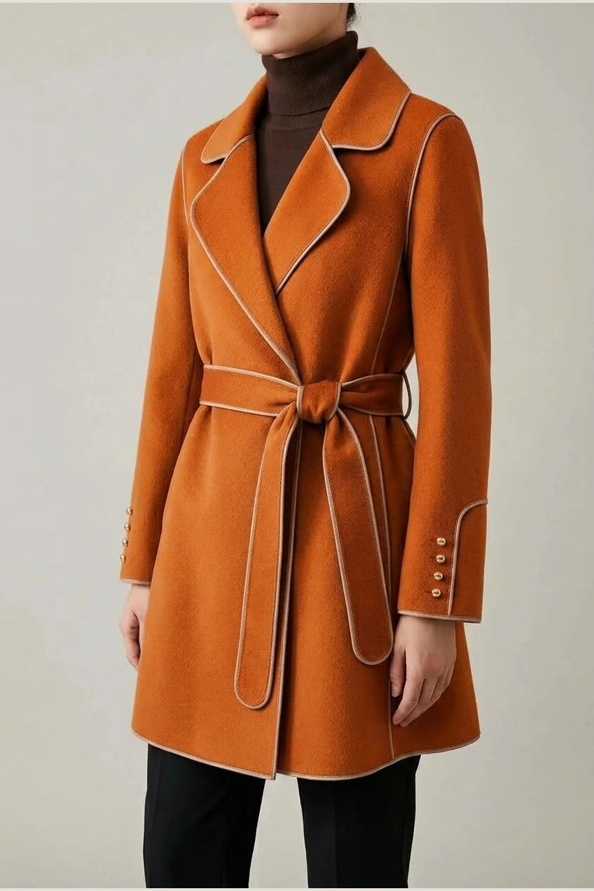 Refined Wool Coat with Contrast Trim and Self-Tie Belt — variant_front