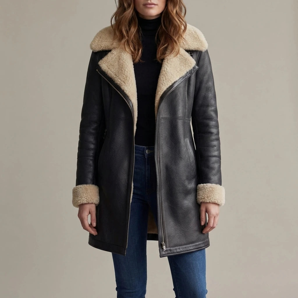 Women's Elegant Leather Coat with Shearling Lining – Amara — variant_front