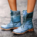 Leather Lace Up Combat Boots with Fold Down Cuff — variant_front