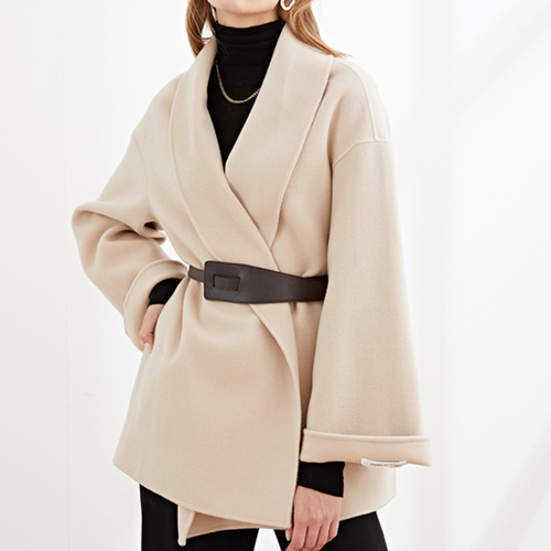 Women's Belted Coat with Wide Lapel Collar — variant_front