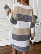 Oversized Colour Block Knit Sweater Dress with Puff Sleeves — variant_front