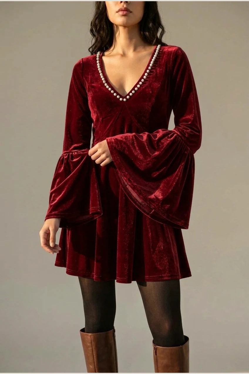 Mini Dress Women - Velvet Mini Dress with V-Neckline — variant_front
