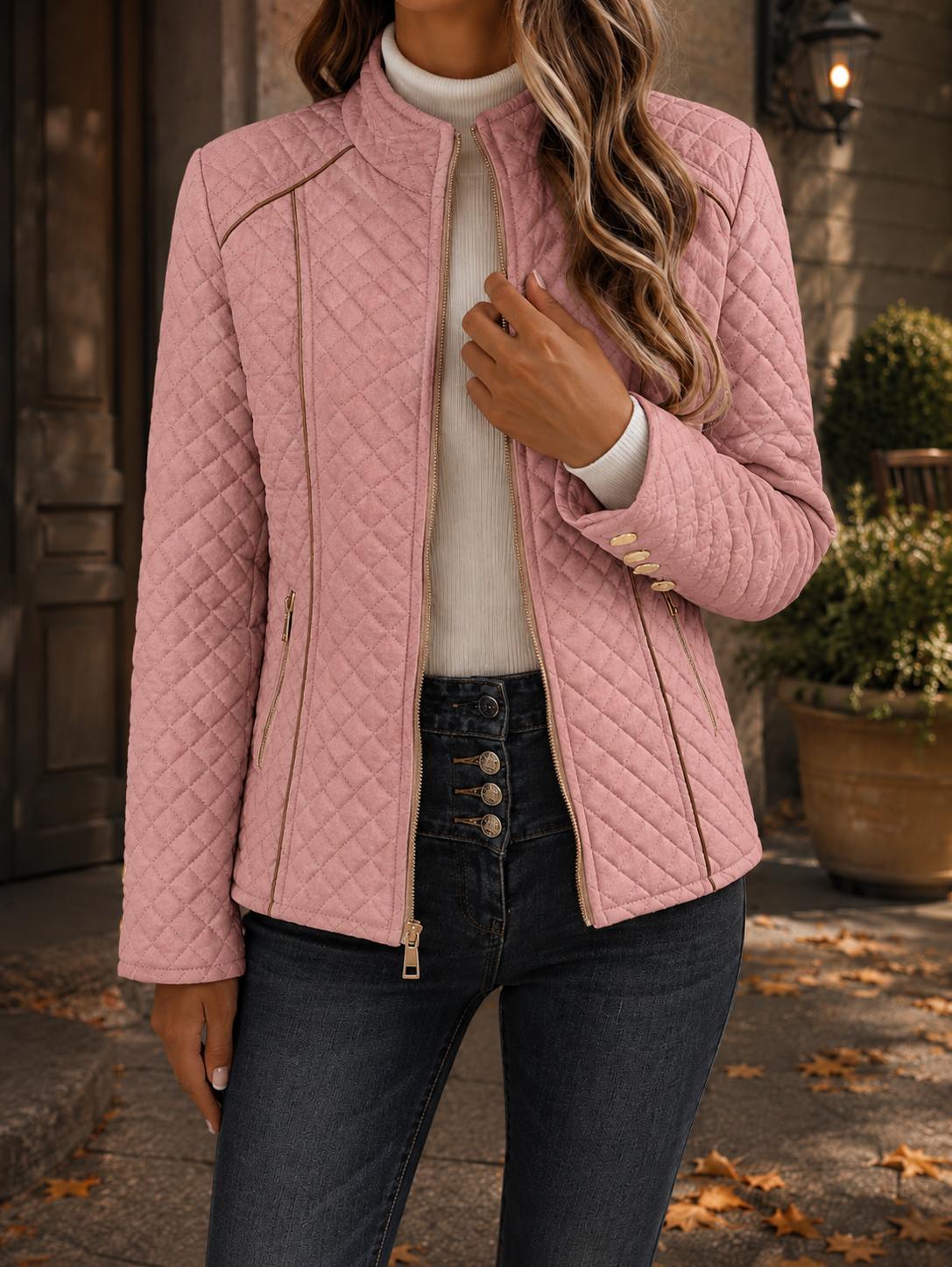 Fitted Quilted Jacket with Stand Collar and Contrast Piping — variant_front
