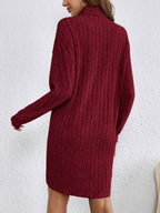 Cosy Ribbed Knit Turtleneck Mini Dress with Long Sleeves — variant_front