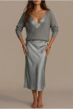 Montarello Women's Satin-Look Midi Dress Knit Co-Ord Set — variant_front
