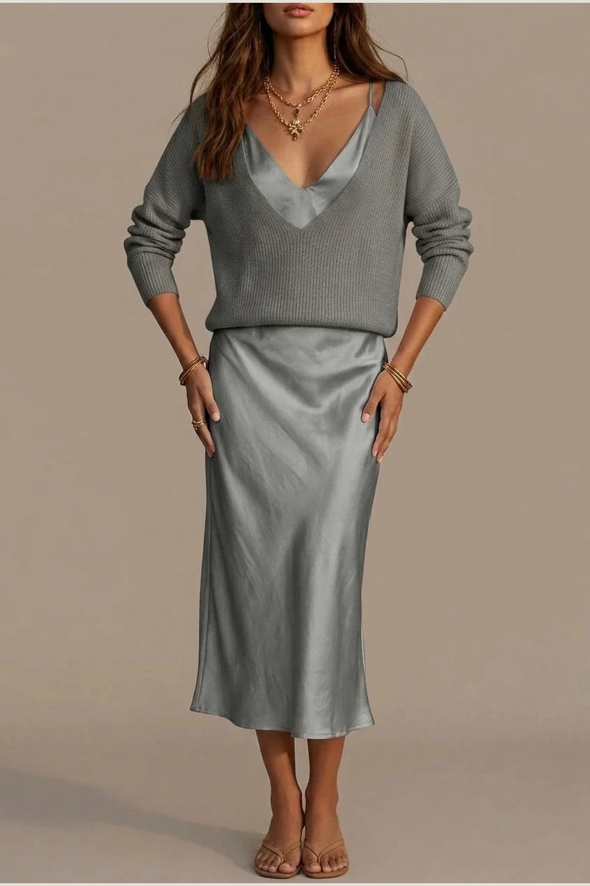Montarello Women's Satin-Look Midi Dress Knit Co-Ord Set — variant_front