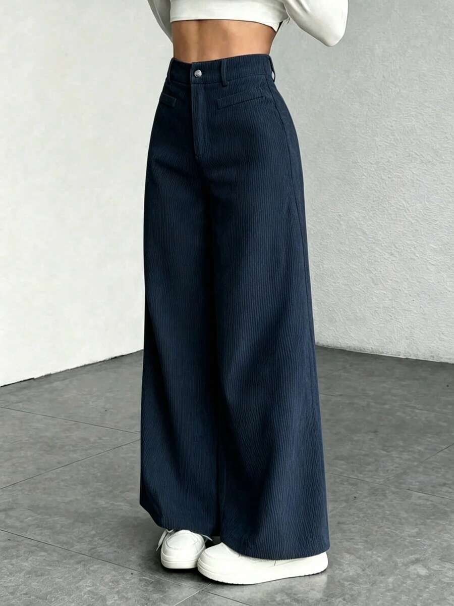 High Waist Wide Leg Corduroy Trousers with Flap Pockets — variant_front