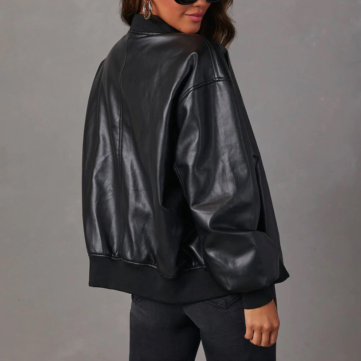 Oversized Leather Bomber Jacket with Ribbed Trim — variant_front