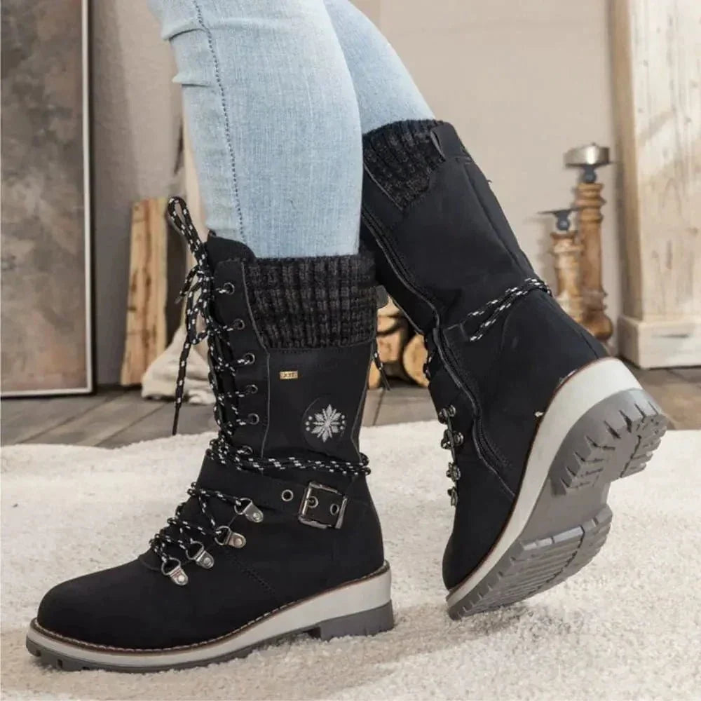 Insulated Lace Up Winter Boots with Knit Cuff and Buckle Detail — variant_front