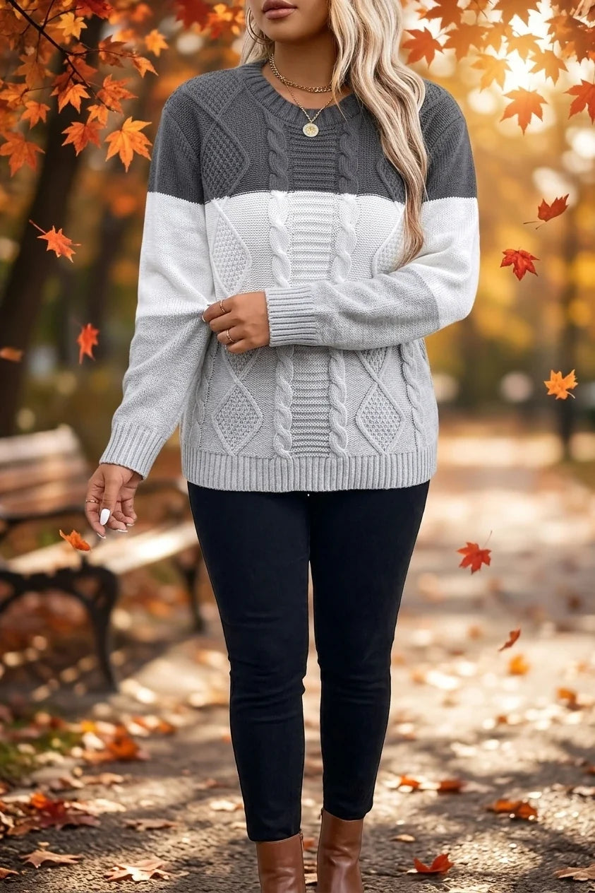 Plus Size, Plus Size Women's Autumn/Winter Casual Color Block Rhombus Pattern Pullover Sweater, Long Sleeve Crew Neck Cable Fabric Top — variant_front