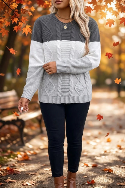 Plus Size, Plus Size Women's Autumn/Winter Casual Color Block Rhombus Pattern Pullover Sweater, Long Sleeve Crew Neck Cable Fabric Top — variant_front