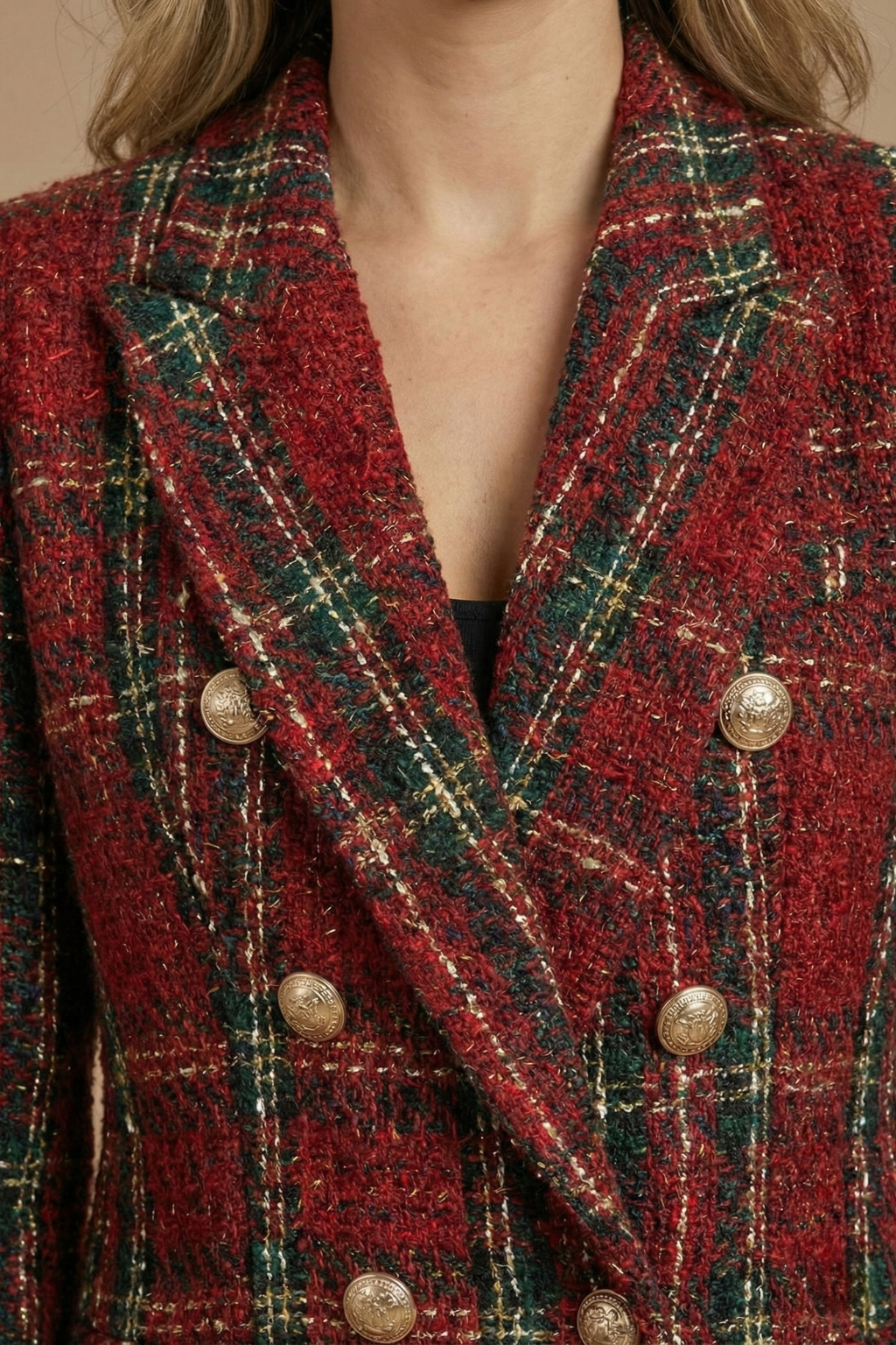 Classic Plaid Tweed Blazer with Double Breasted Gold Buttons — variant_front