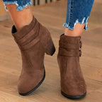 Suede Heeled Ankle Boots with Double Buckle Strap Detail — variant_front