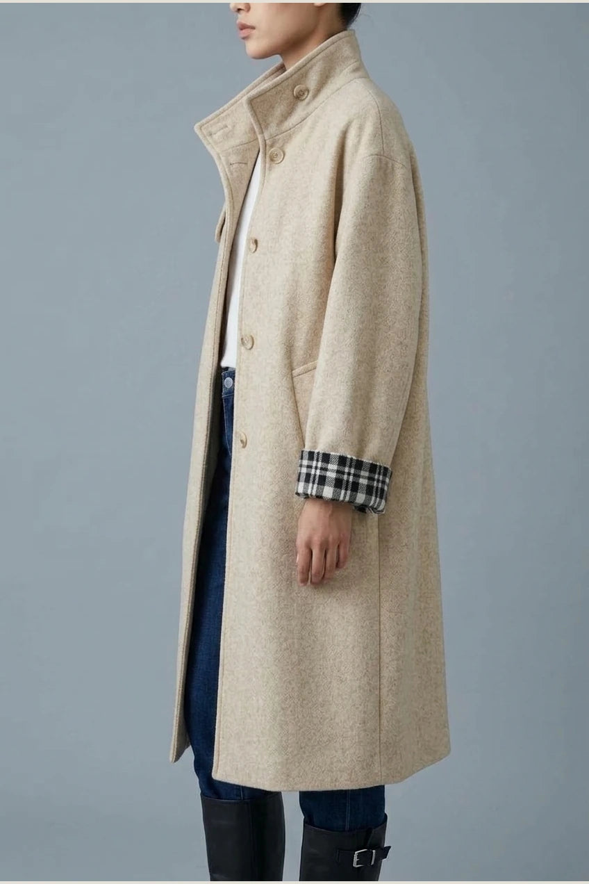 Women's Button-Front Wool-Blend Coat with Stand Collar — variant_front