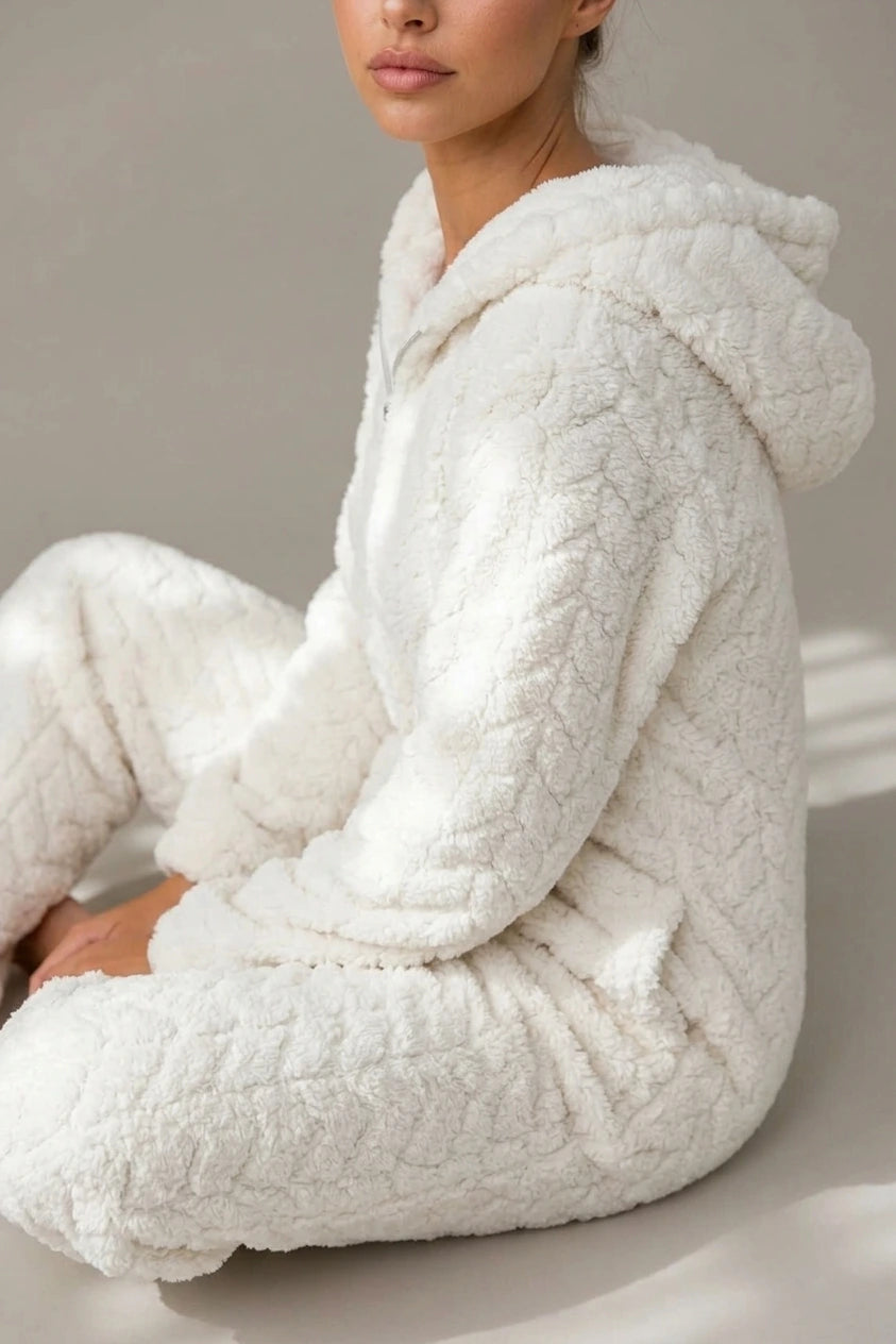 Women’s Hooded Teddy Fleece Jumpsuit – Full Zip Fluffy Lounge Onesie — variant_front