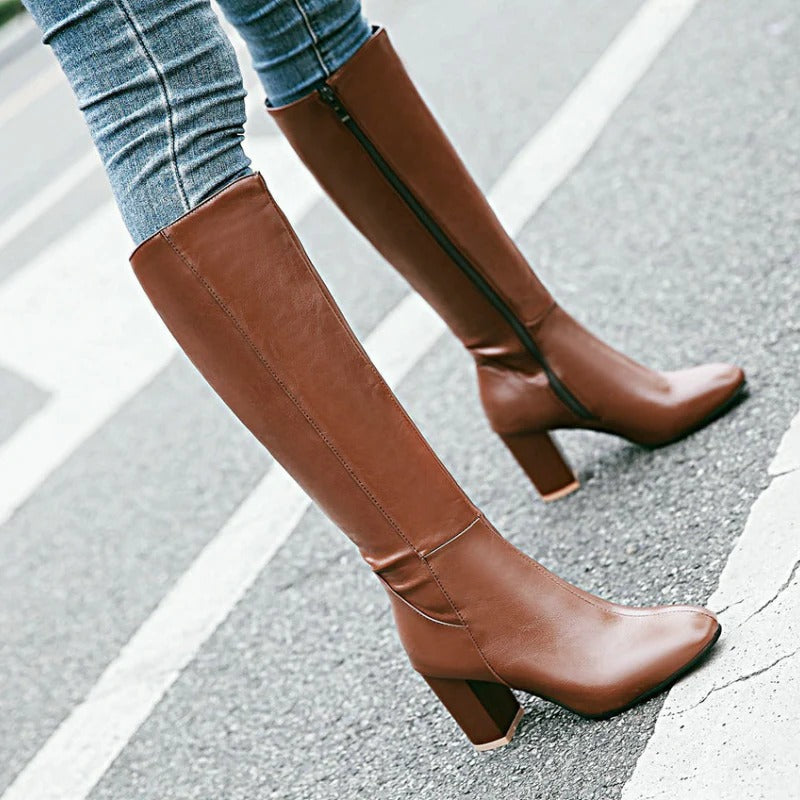 Heeled Knee High Leather Boots with Side Zip – Women's Block Heel — variant_front